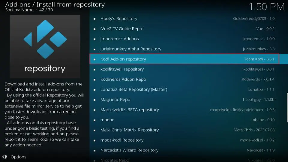 Tryck på ”Kodi Add-on-förråd” (Kodi Add-on repository).