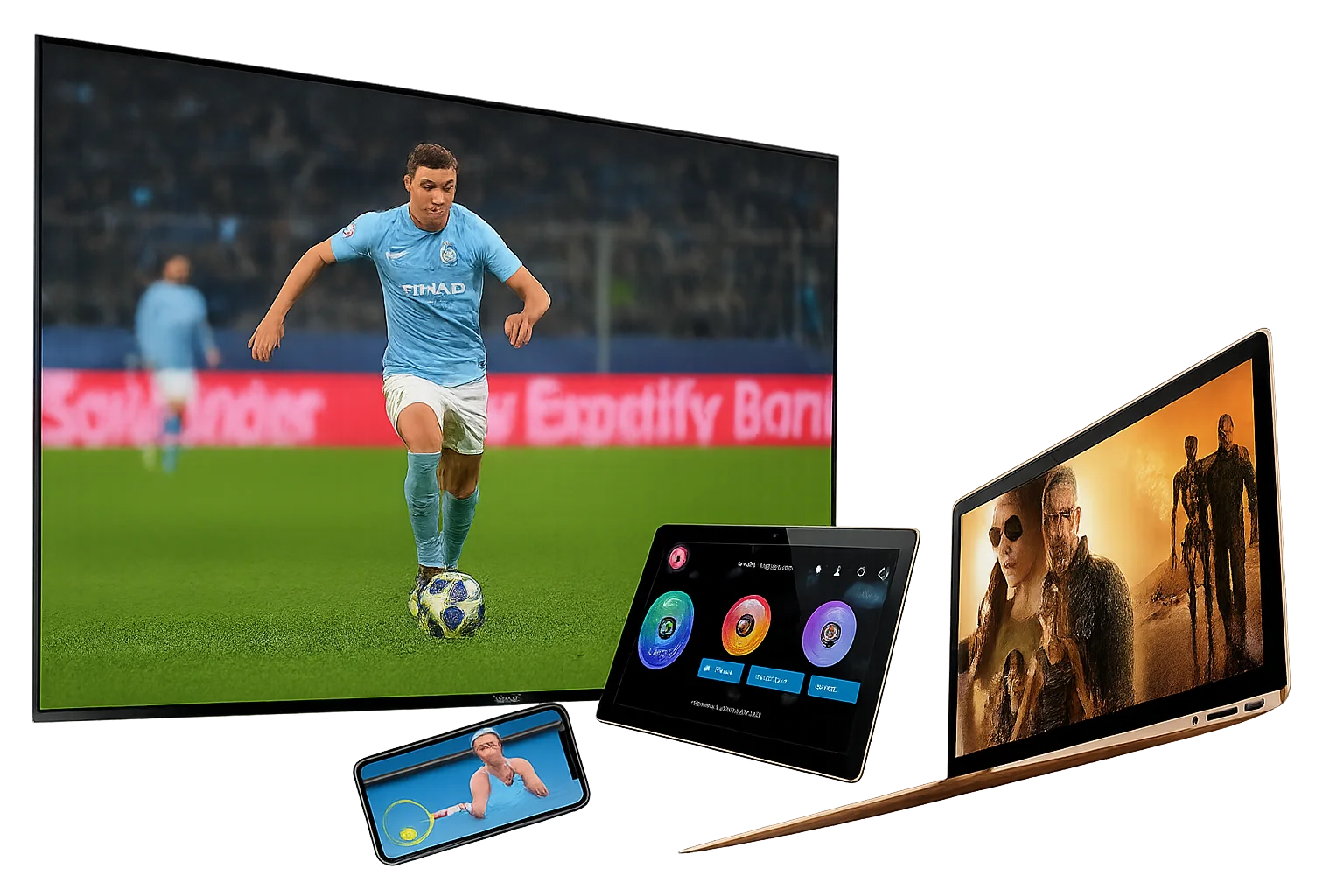 Monster IPTV visas på Smart TV, surfplatta, laptop och smartphone kompatibelt med alla enheter