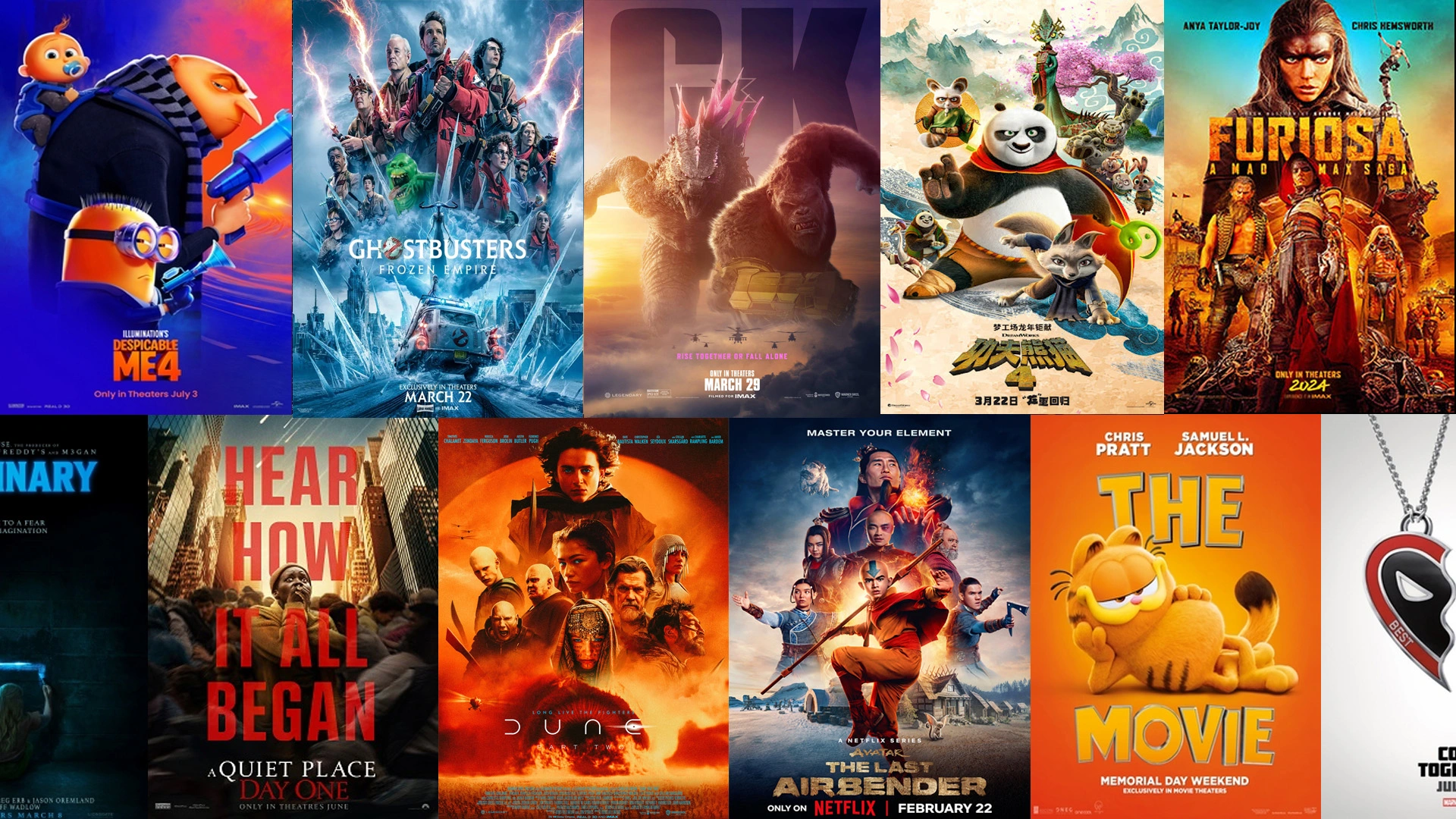 Collage av nya filmpremiärer inklusive Despicable Me 4, The Marvels, Kung Fu Panda 4, Furiosa, A Quiet Place Day One, Airbender och The Bee Movie, alla tillgängliga i Monster IPTV:s omfattande filmbibliotek med svenska undertexter
