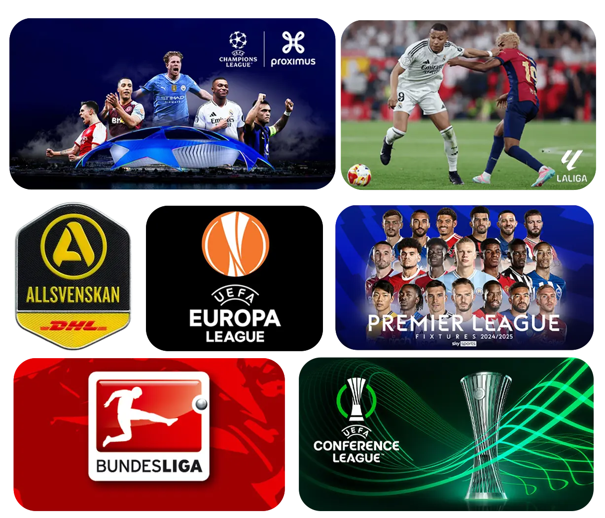 Fotbollsligor collage med Champions League, La Liga, Allsvenskan, UEFA Europa League, Bundesliga, Premier League och UEFA Conference League logotyper och matchbilder, alla tillgängliga via Monster IPTV för veckovis fotbollsunderhållning