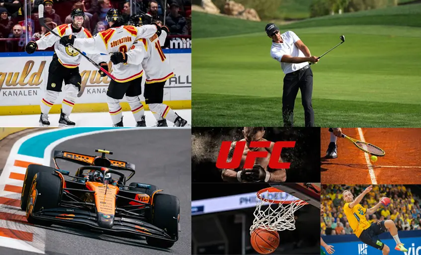 Sportcollage med ishockeyspelare som firar mål, golfspelare på grön bana, Formel 1-bil på racerbana, UFC-fighters i oktagon, tennisspelare med serve, basketboll genom korg och handbollsspelare - alla sporter tillgängliga via Monster IPTV:s nordiska underhållningsportal
